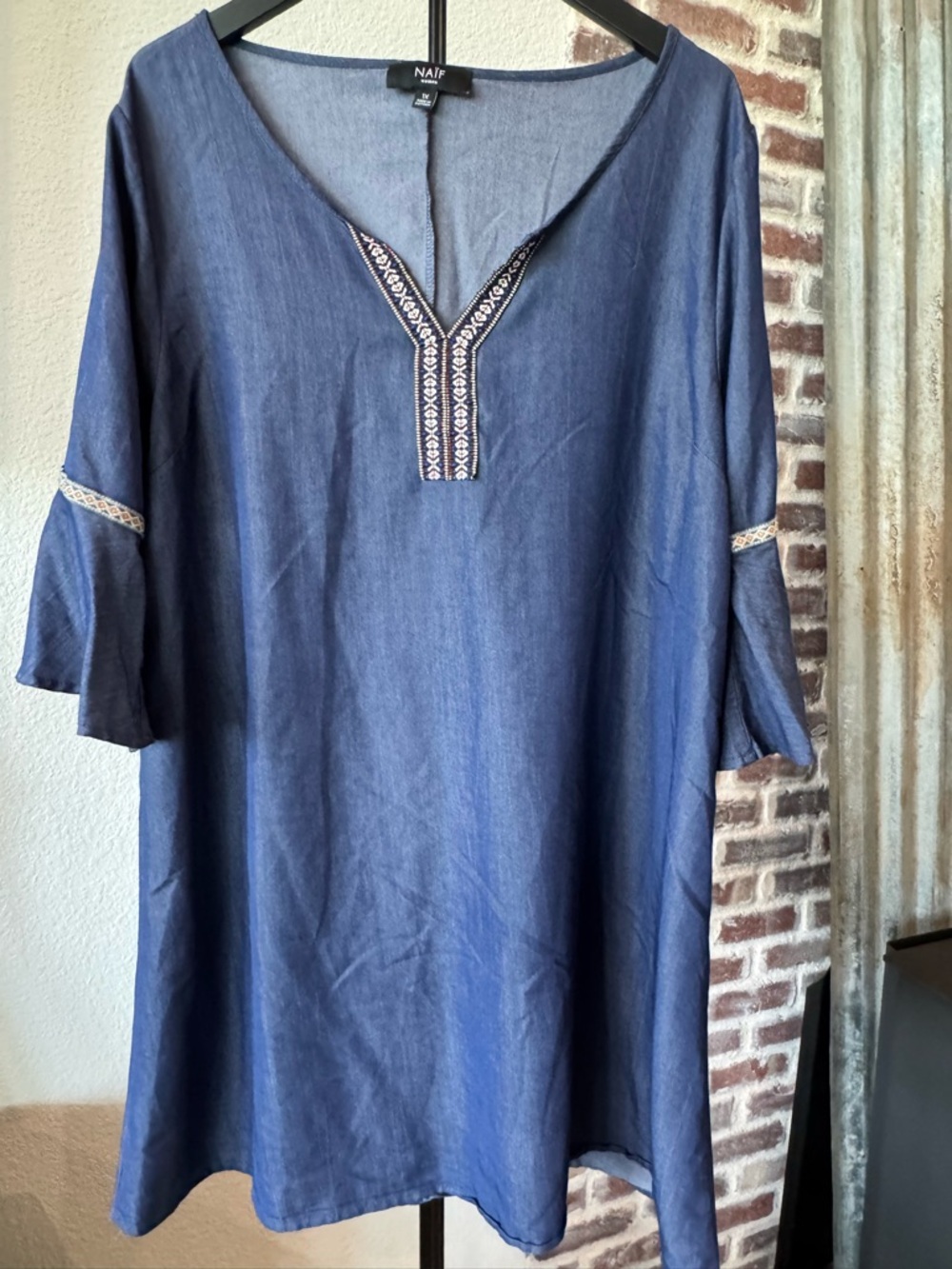NAIF Indigo Blue Embroidered V-Neck Tunic Dress or Long Top 1X